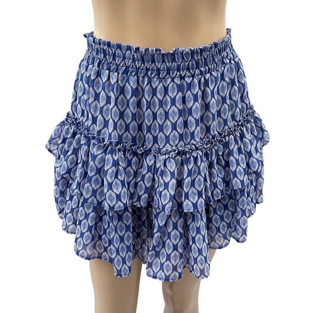 NWT Misa Los Angeles Nahla Blue White Ruffled Mini Skirt Tiered Smocked Waist‎ S